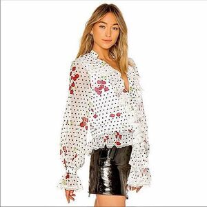 Revolve NBD White Ruffle Blouse Maraschino Top in Cherry Dot NWOT S